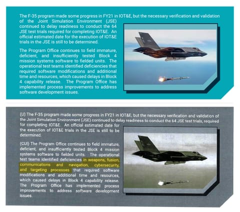 Comparison of the section heading for the F-35 in the public and nonpublic versions of the report.