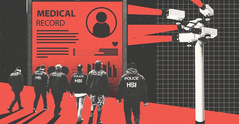 Collage of ICE agents, a tablet with medical records, and surveillance cameras.